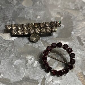 Vintage Purple Crystal Circle Brooch and White Crystal Brooch